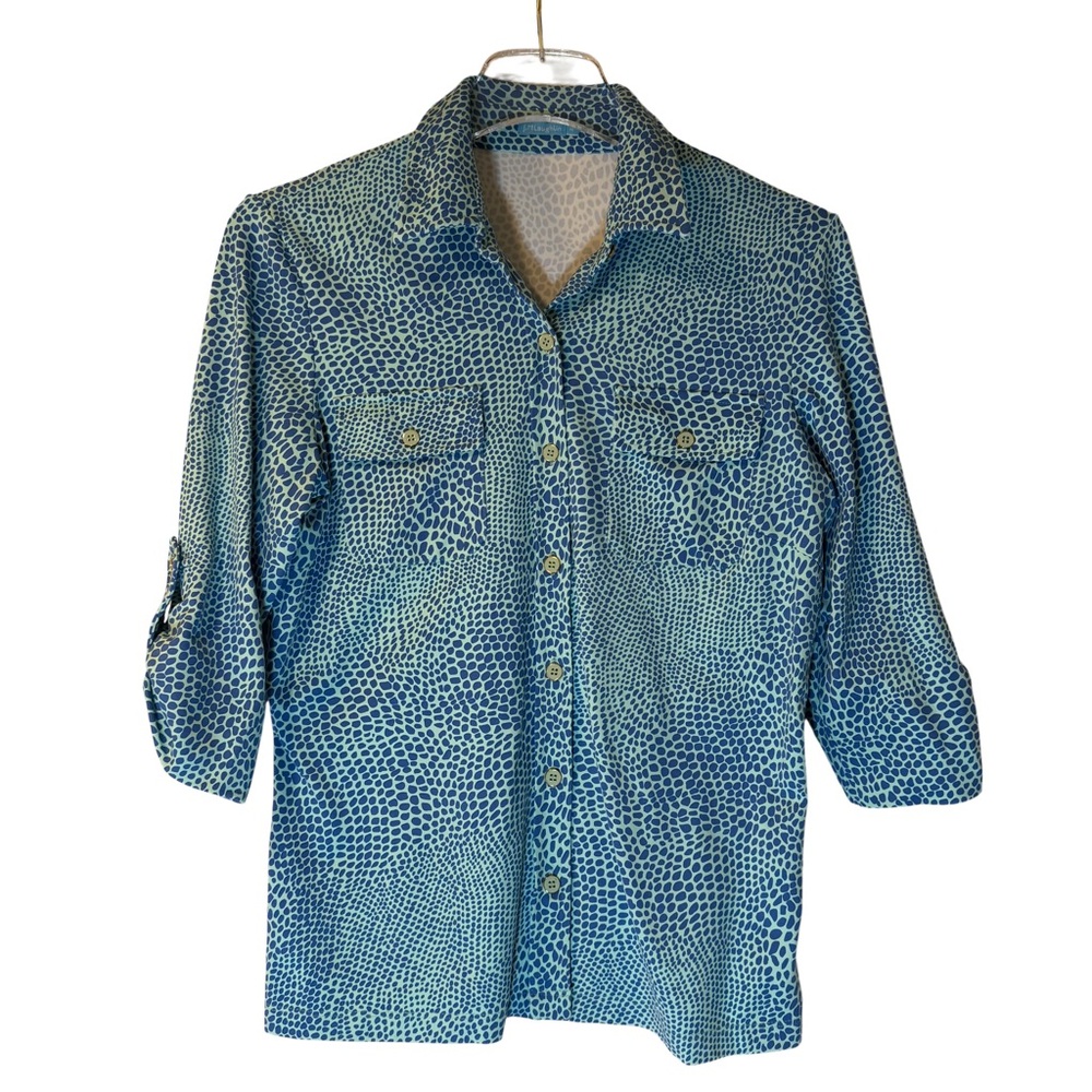 J. McLaughlin Monroe Blue Leopard Shirt 3/4 Sleeve Button Collar Stretch Women M